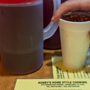Bobby's Homestyle Cooking in Nederland, TX restaurant menu and tea pitchers
