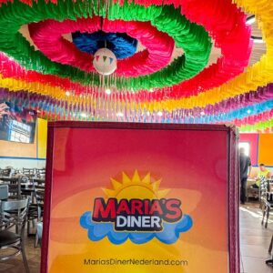 Marias Diner in Nederland and Groves TX menu and colorful flags