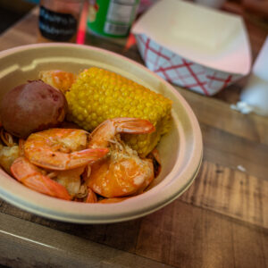 Sea Ranch Cafe in Port Neches, Tx boiled shrimp platter with corn and potatoes