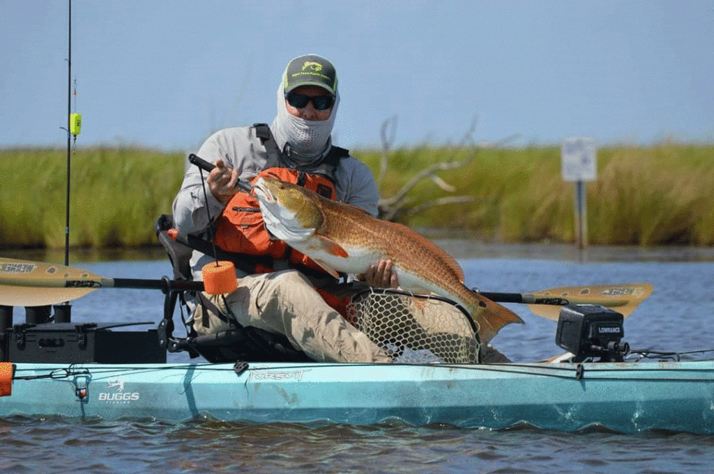 man holding redfish in kayak