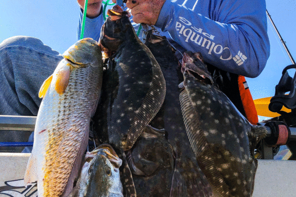 man holding flounder stringer in Port Arthur