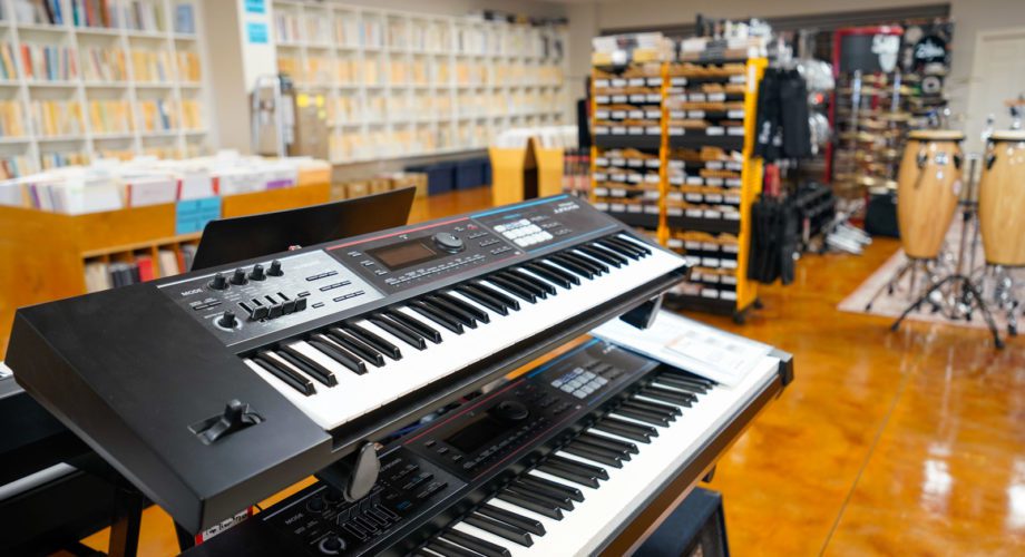 pianos and other instruments in a music store
