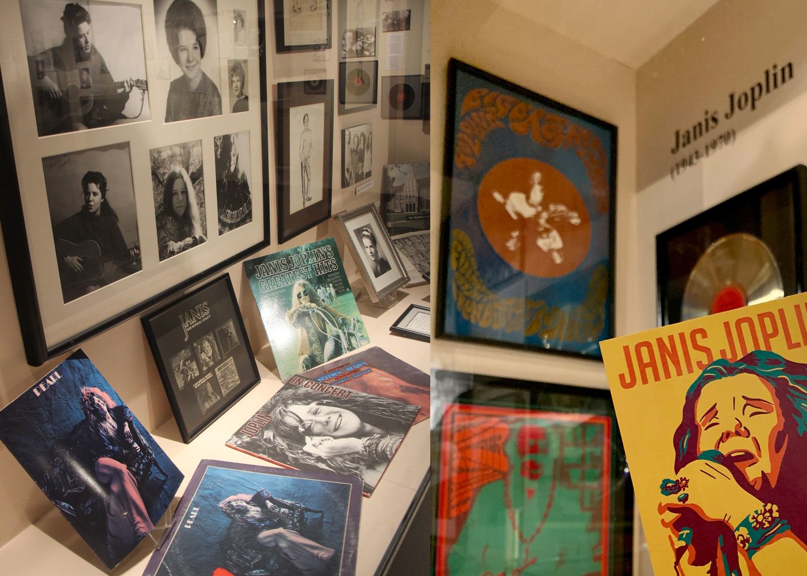 montage of janis joplin historical items at the museum of the gulf coast in port arthur texas