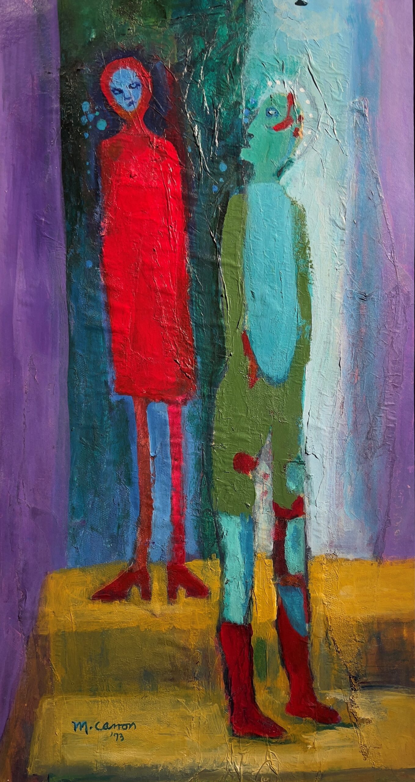 Tall figures in red and blue, by Maudee Carron