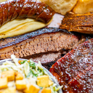 Redbird BBQ in Port Neches TX meat sampler with a ala carte sides