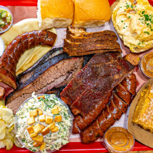 Redbird BBQ in Port Neches TX meat sampler with a la carte sides