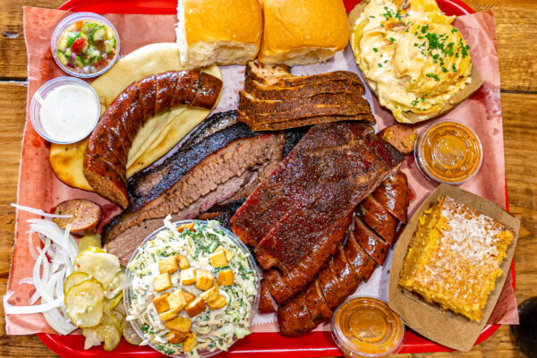 Redbird BBQ in Port Neches TX meat sampler with a la carte sides