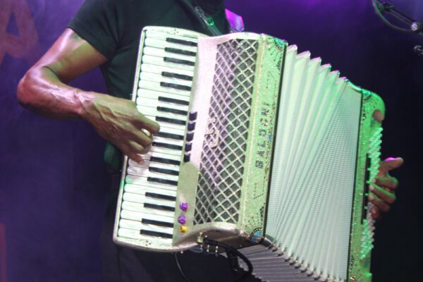 Cj Chenier plays accordion while singing at the mic