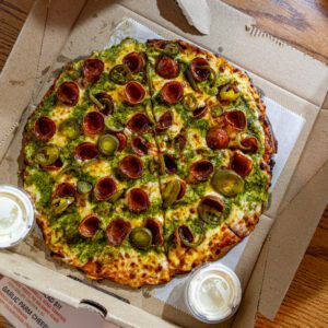 sweet heat pizza at Buckstin Brewing in Nederland TX