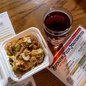 pasta salad, brews and a menu at Buckstin Brewing in Nederland TX