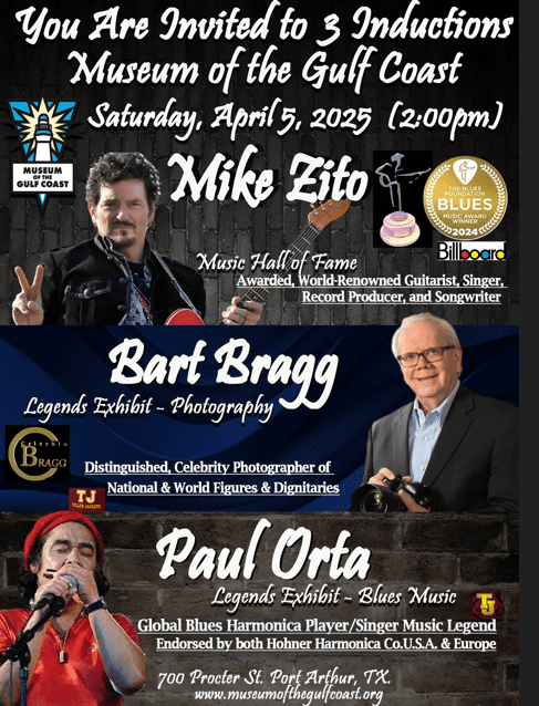 Museum-of-the-Gulf-Coast-inducts-Zito-Bragg-Orta Museum of the Gulf Coast induction for Mike Zito, Bart Brag, Paul Orta