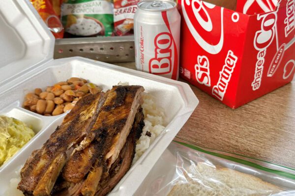 plate of bbq, potato salad and beans at grangel bbq in port arthur texas