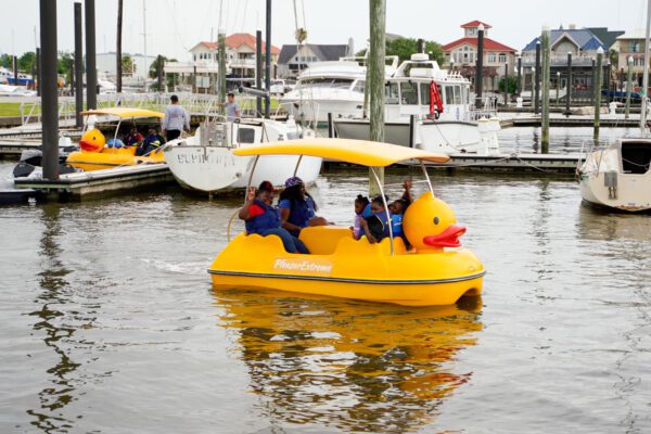 family on a rentable boat on pleasure island in port arthur texas