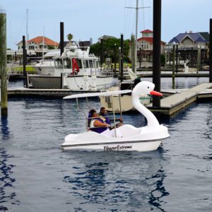 couple enjoying a swan boat on pleasure island in port arthur texas