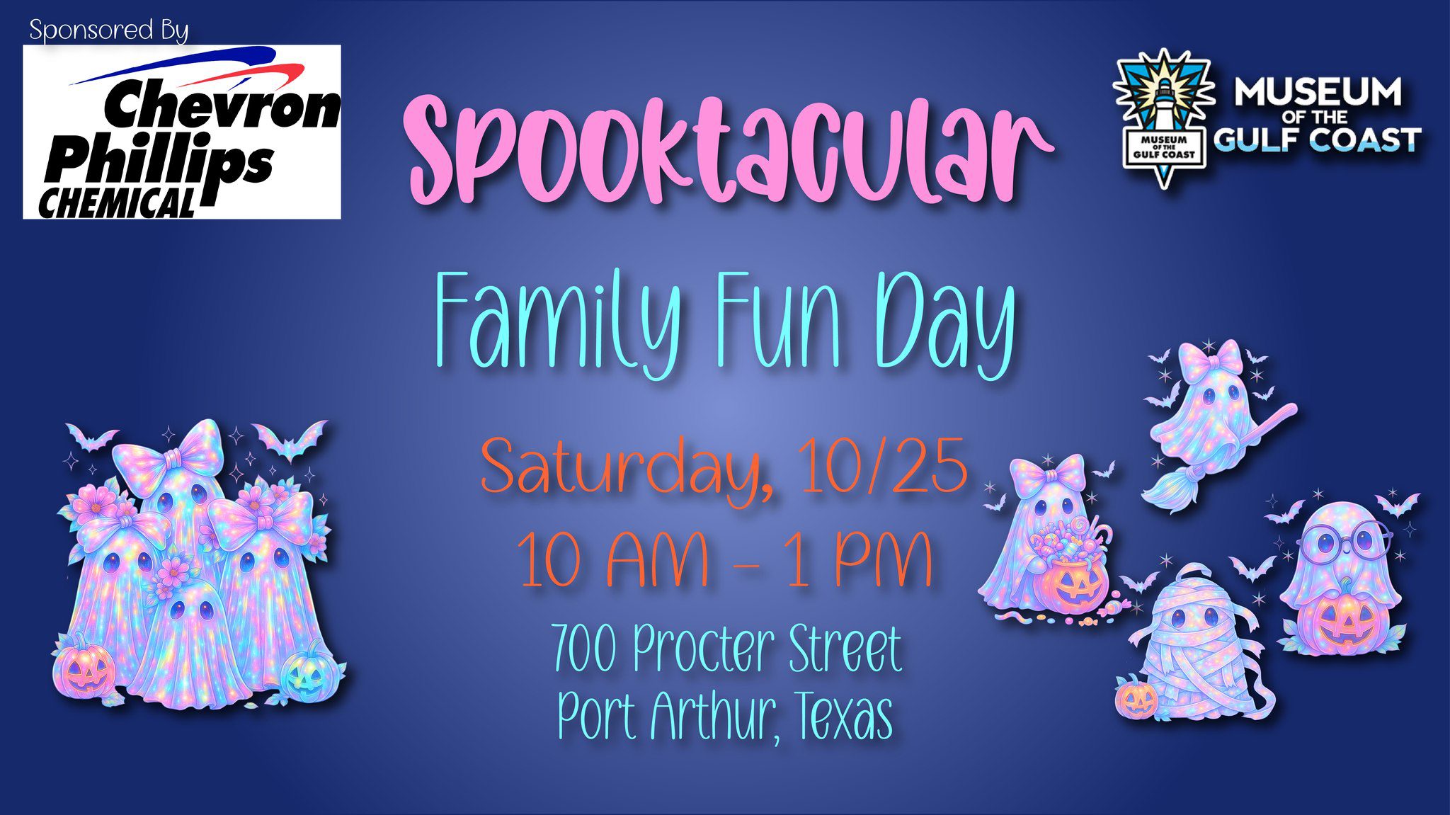 545812269_1194479692726029_2787217501885565776_n Museum of the Gulf Coast Spooktacular family fund day flyer with ghosts