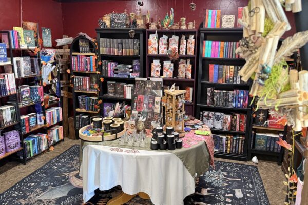 Fabled Grounds Book Cafe has a bookstore with candles, bookmarks and totes.
